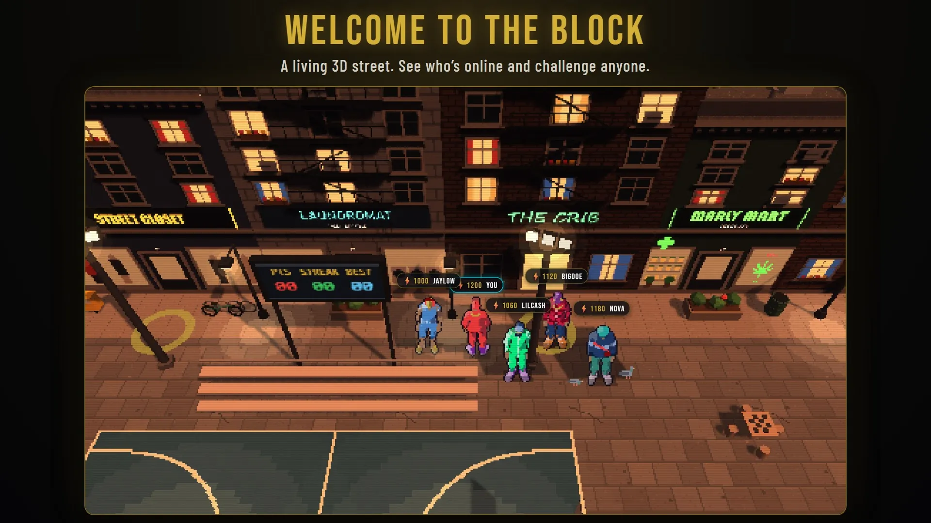 The 3D street lobby, where players' avatars and ratings show who is online to challenge.