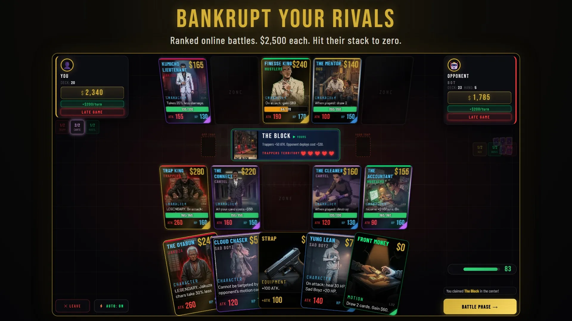 A ranked battle in progress, with each player's cash stack, cards on the field and the territory card in the center.