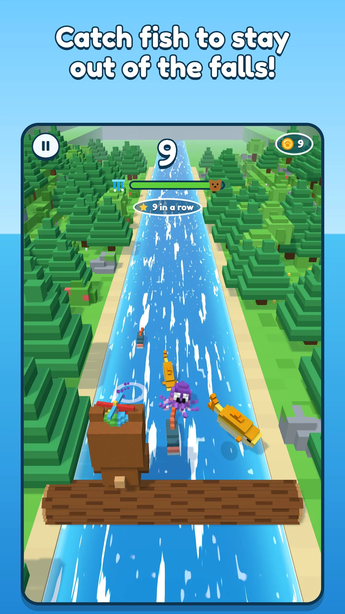A run in progress, with the bear catching fish on the river and a nine-in-a-row catch streak.
