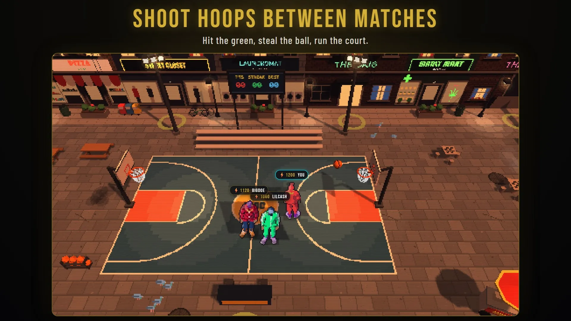Players shooting hoops on the 3D basketball court between matches.