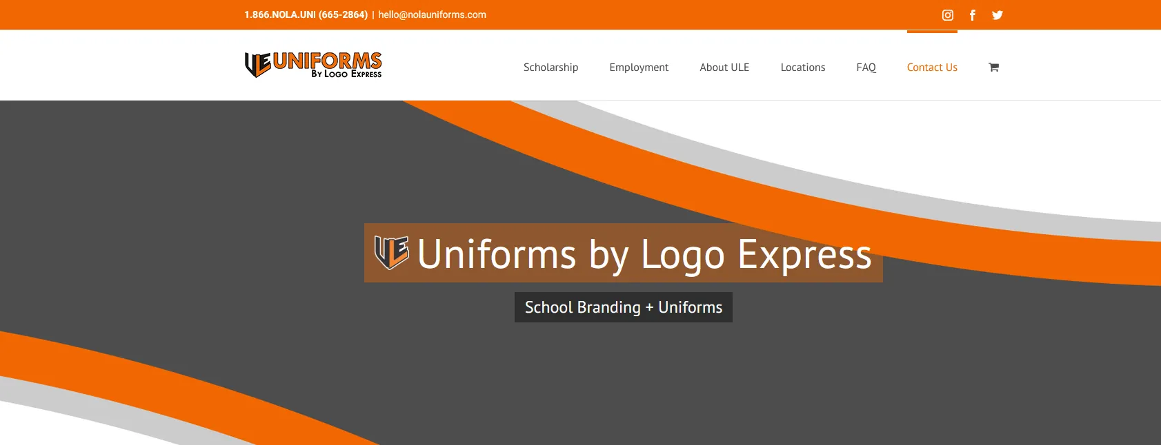 The Uniforms by Logo Express website homepage: "Uniforms by Logo Express, School Branding + Uniforms" on an orange and gray banner.